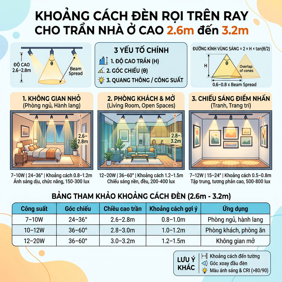 Hướng dẫn chọn khoảng cách lắp đèn rọi ray cho trần nhà cao 2.6m đến 3.2m theo công suất và không gian sử dụng
